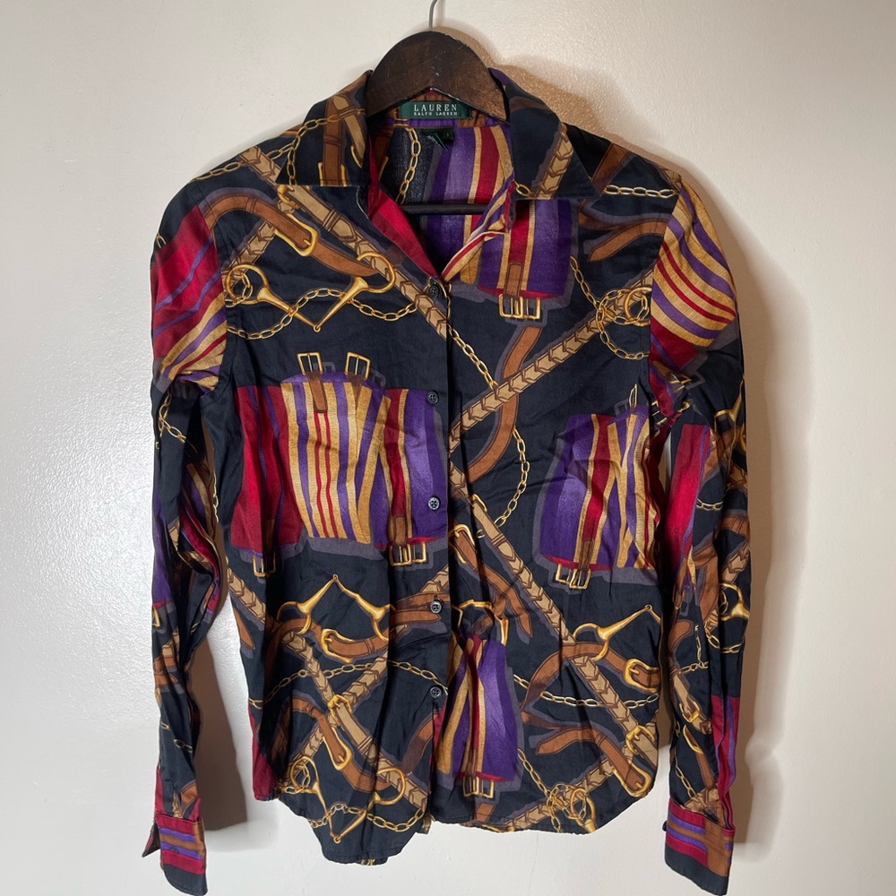 Lauren Ralph Lauren Equestrian Print Button Up Long Sleeve Size Small Women’s